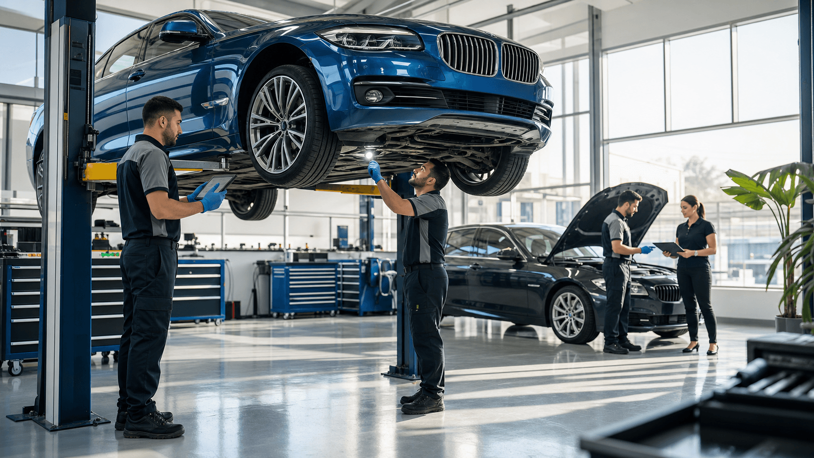 Mechanic in blue coveralls inspects a black BMW on a lift in a bright, clean garage with tools in the background.