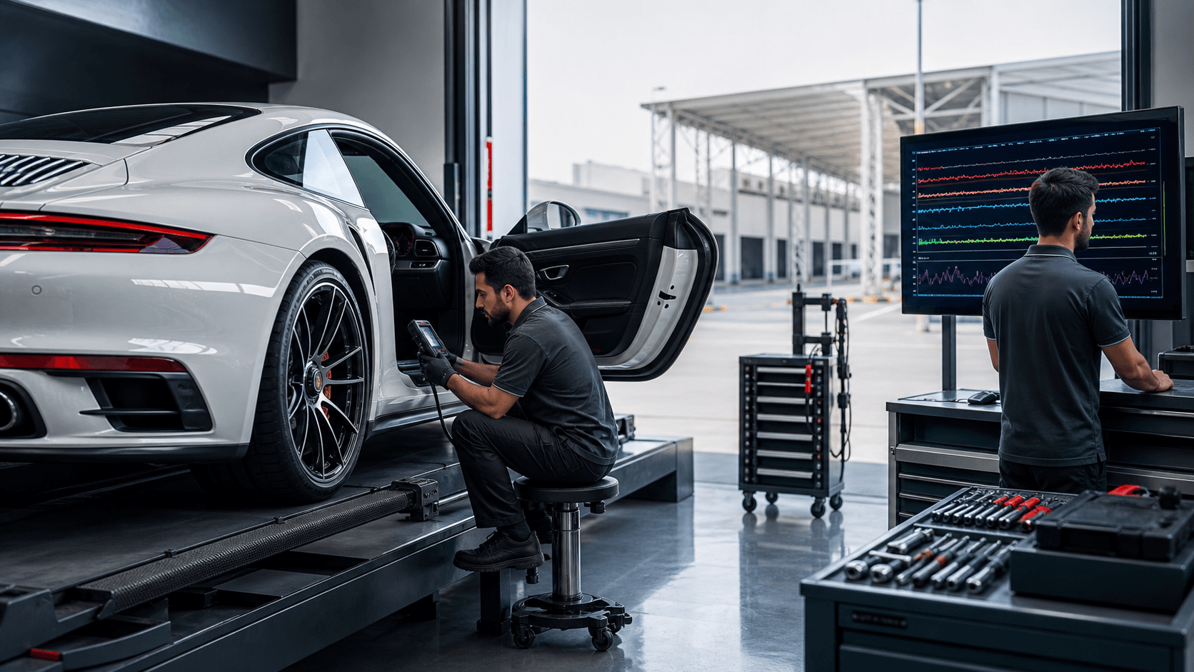 Mechanic uses a diagnostic tablet beside a black luxury car in a bright, modern garage with blue tool cabinets.