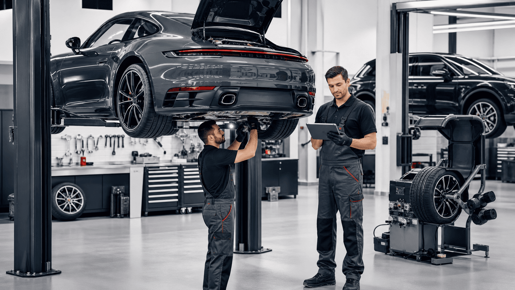 Red Porsche in a modern Dubai garage, hood open under bright workshop lights, with mechanics and German cars behind