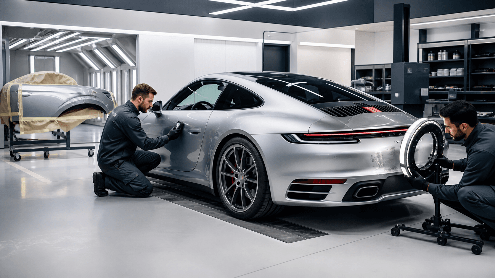 Red Porsche sports car with glossy red paint parked in a brightly lit auto body shop.