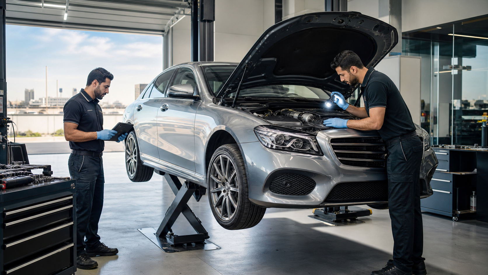 Silver Mercedes sedan in a bright garage, hood open as a mechanic works under cool white overhead lights