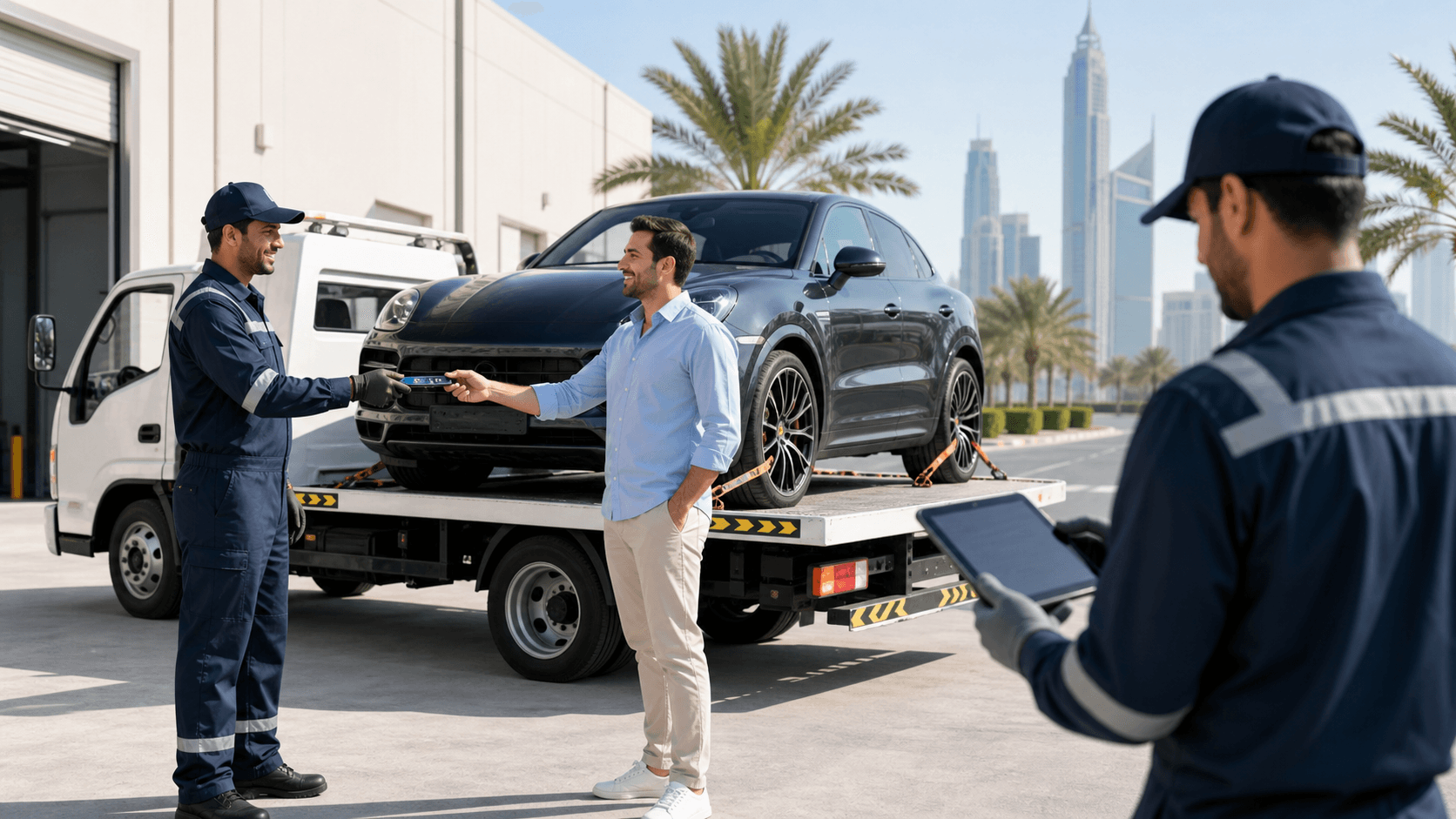 Blue sports sedan on a Dubai street at sunset, with a service van beside it and skyline in the background