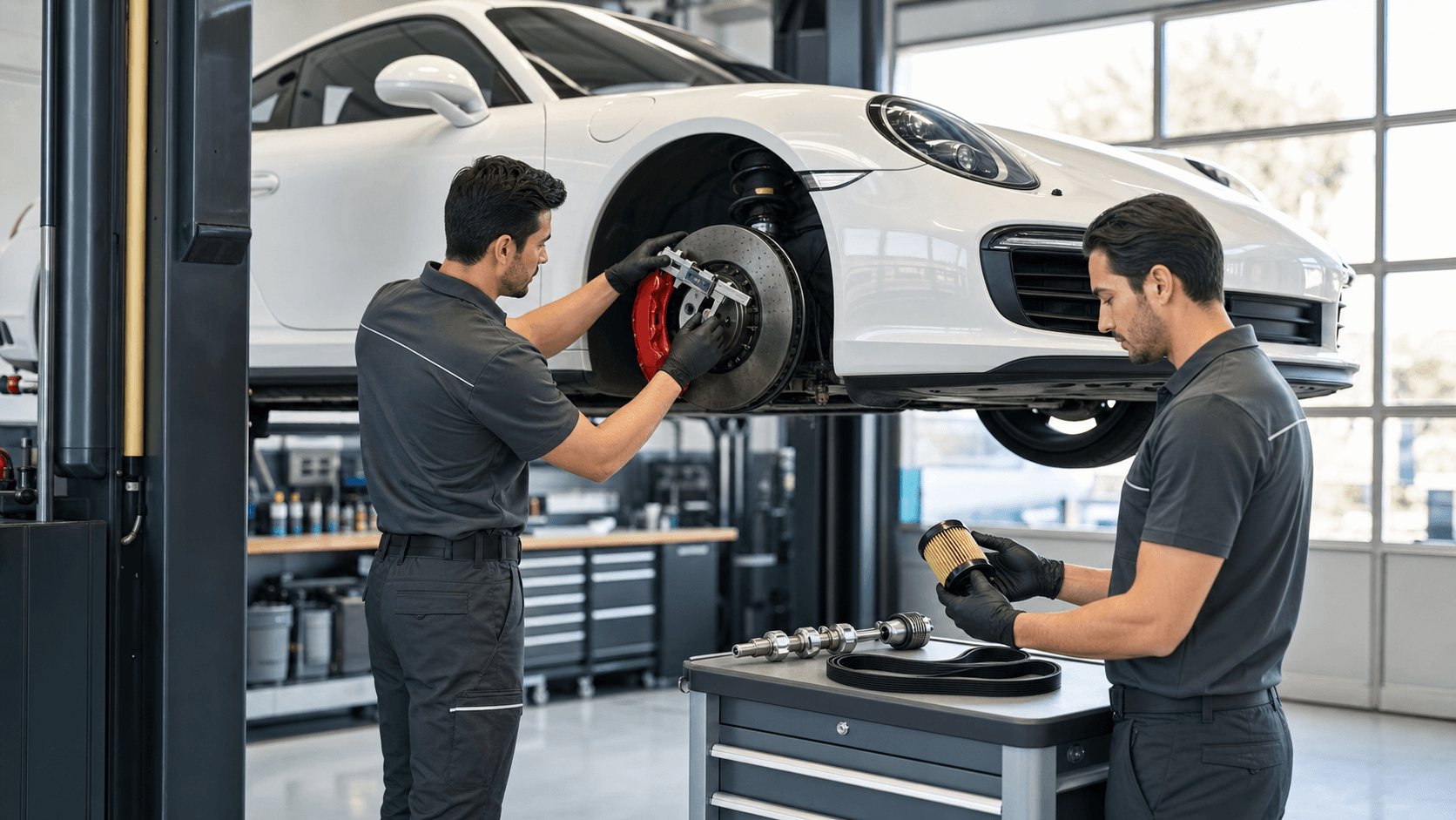 Silver Porsche in a bright garage beside neatly arranged car parts on a workbench, warm overhead lighting.