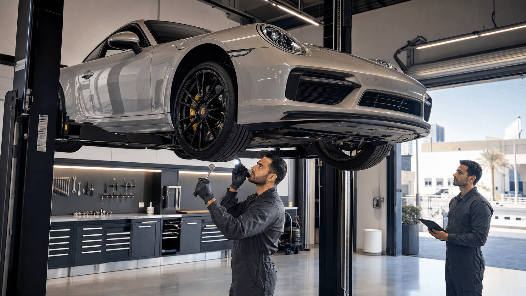 Silver sports car on a lift in a bright garage, mechanic inspecting the front suspension under cool white lights.