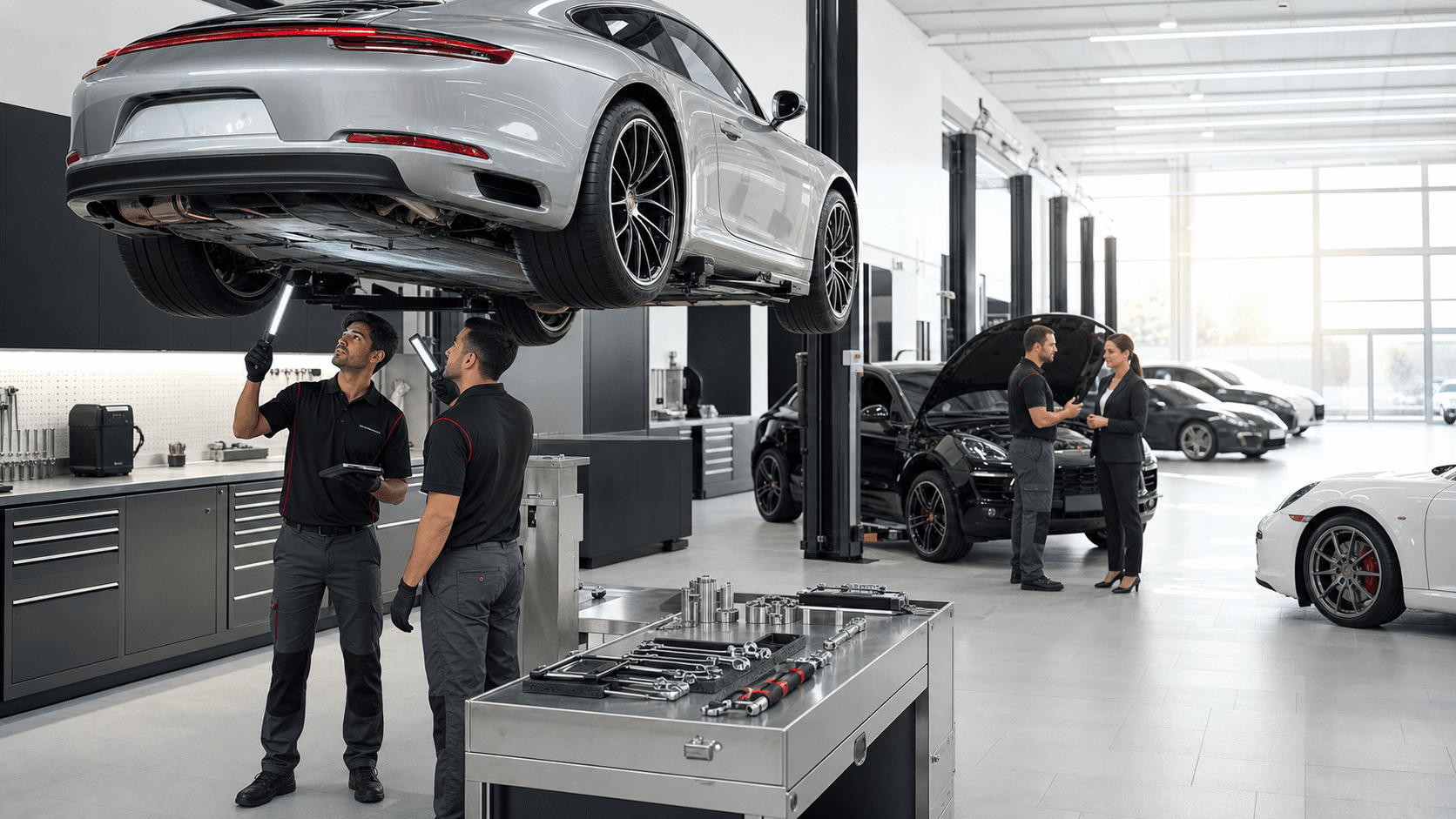 Bright, modern auto workshop with a white sports car on a lift, tools and technicians under overhead lights