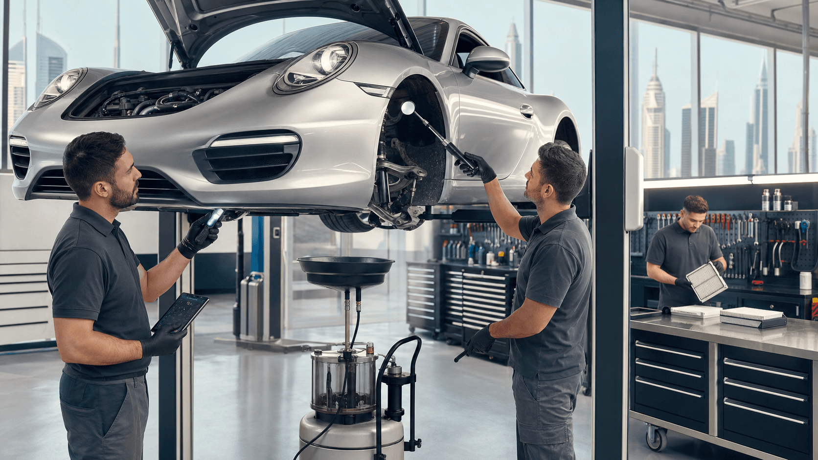 Silver Porsche on a lift in a bright, modern garage, mechanic checking the undercarriage under white lights.