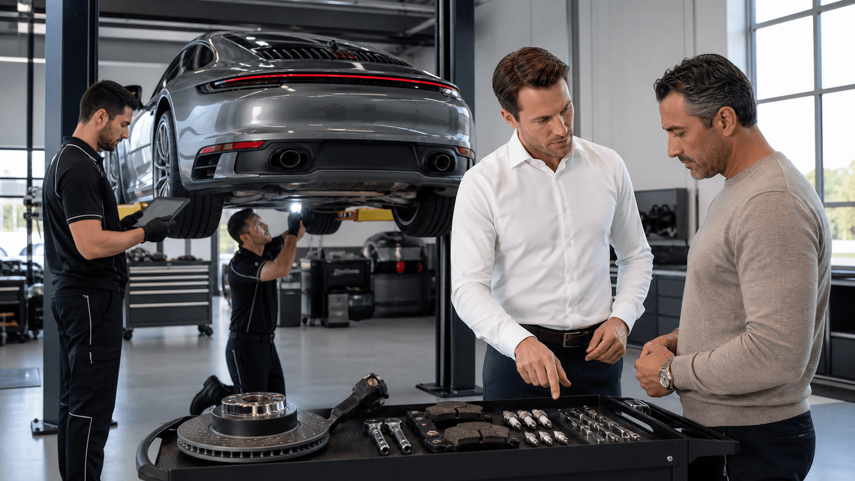 Red Porsche on a lift in a bright Dubai garage, mechanic inspecting engine under warm workshop lighting.