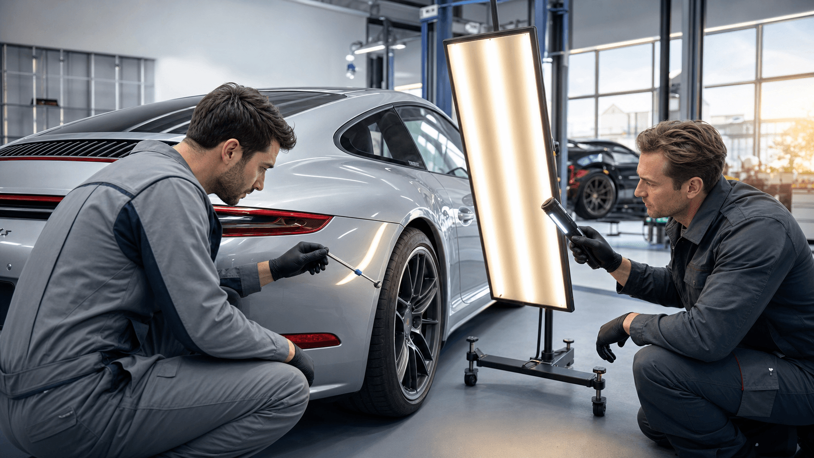 Close-up of a red sports car’s dented door under bright shop lights, with a technician’s gloved hands holding tools.
