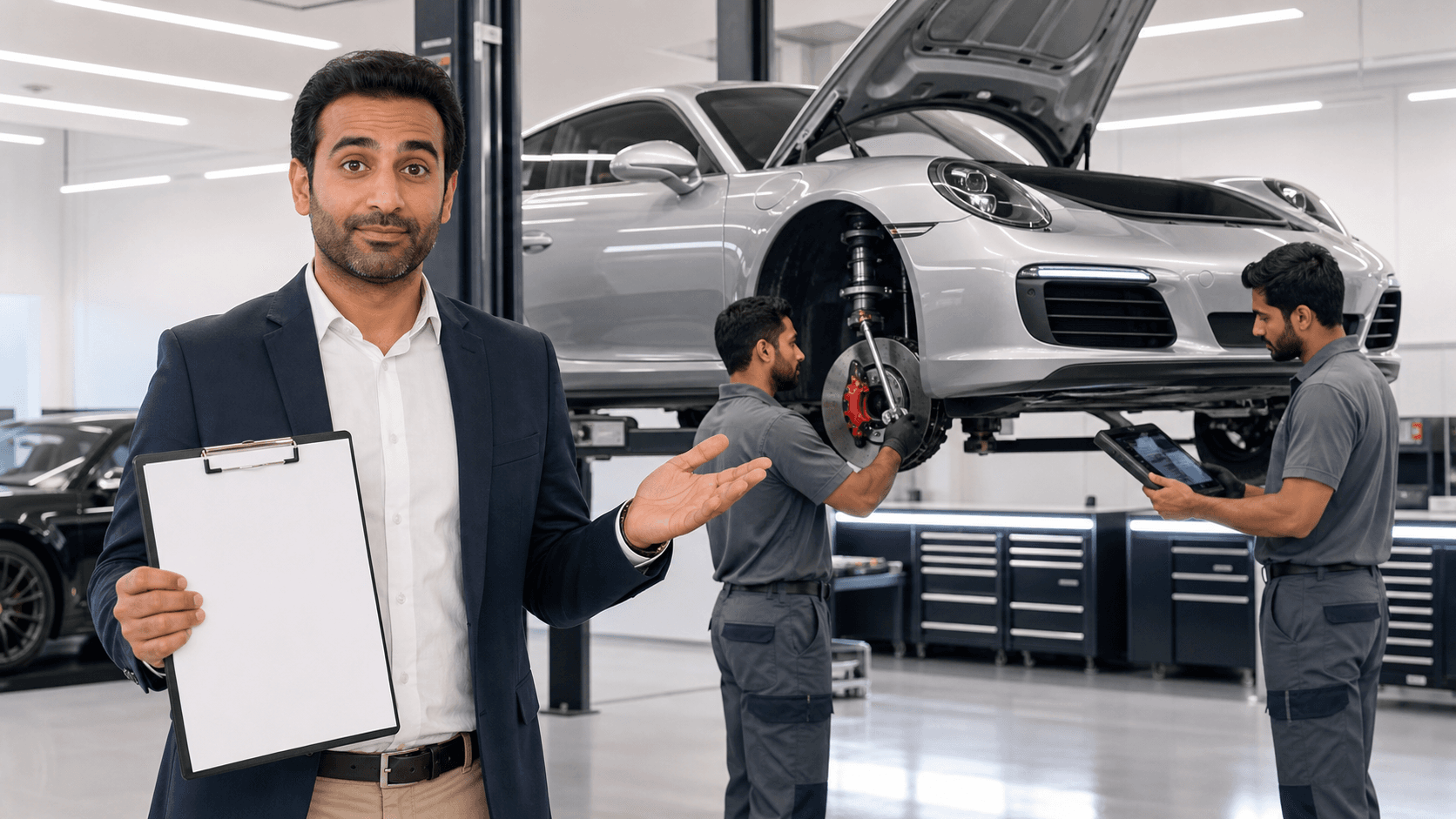 Red Porsche on a lift in a bright workshop, mechanic inspecting the engine under cool white overhead lights.