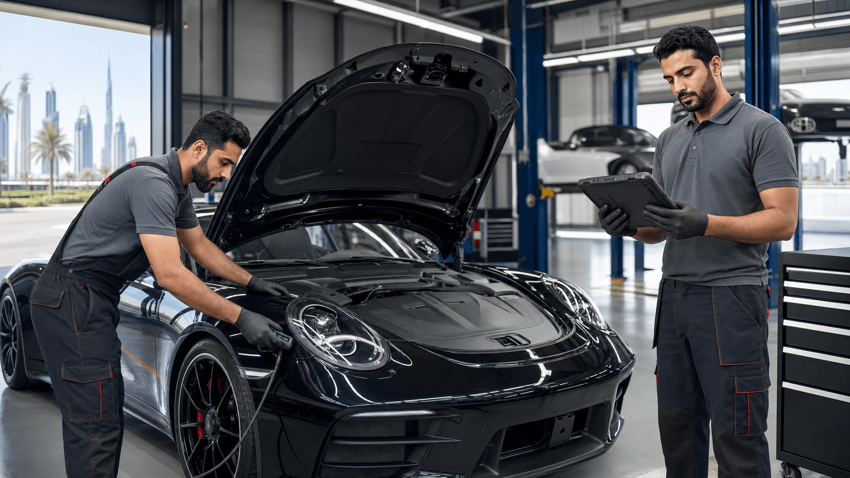 Mechanic using a diagnostic scanner on a silver German sedan’s engine bay in a bright Dubai garage.