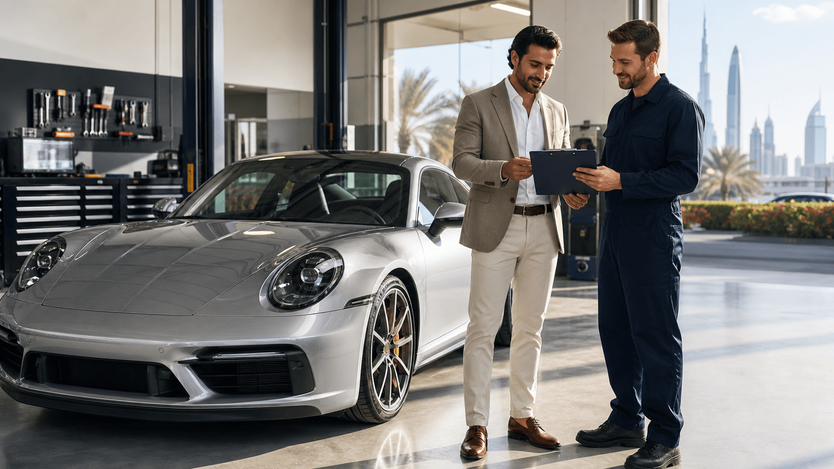Silver sports car parked in a bright modern garage with mechanics and diagnostic equipment in the background