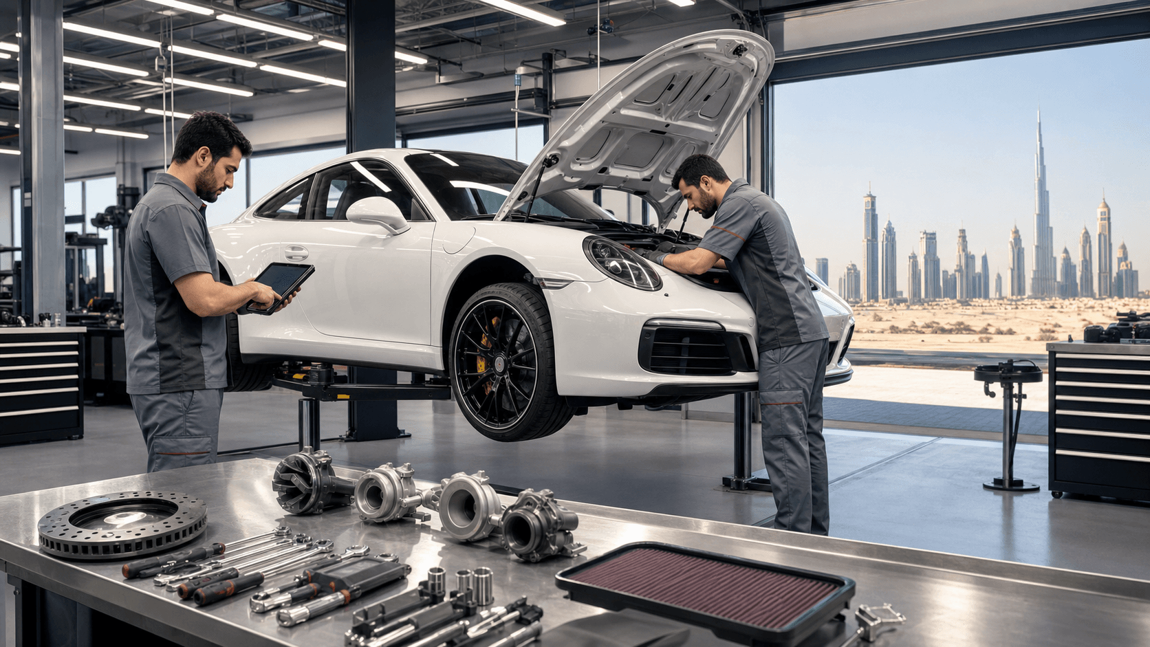 Red Porsche sports car under bright garage lights, mechanic tools and palm-lined skyline in the background.