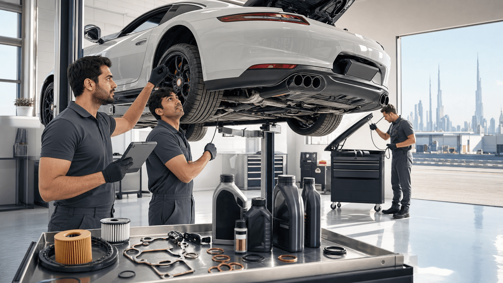 Red Porsche on a lift in a bright garage, mechanic inspecting engine under warm overhead lights.