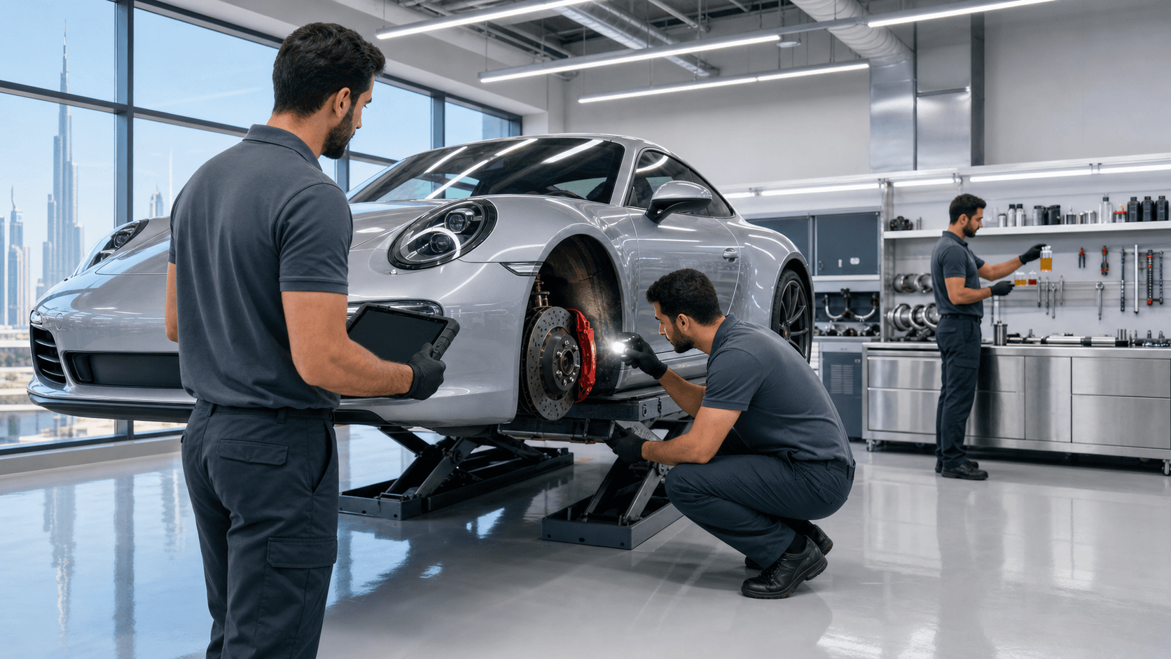 Sunlit luxury garage with a white sports car on a lift, mechanic inspecting wheels amid sleek tool cabinets.