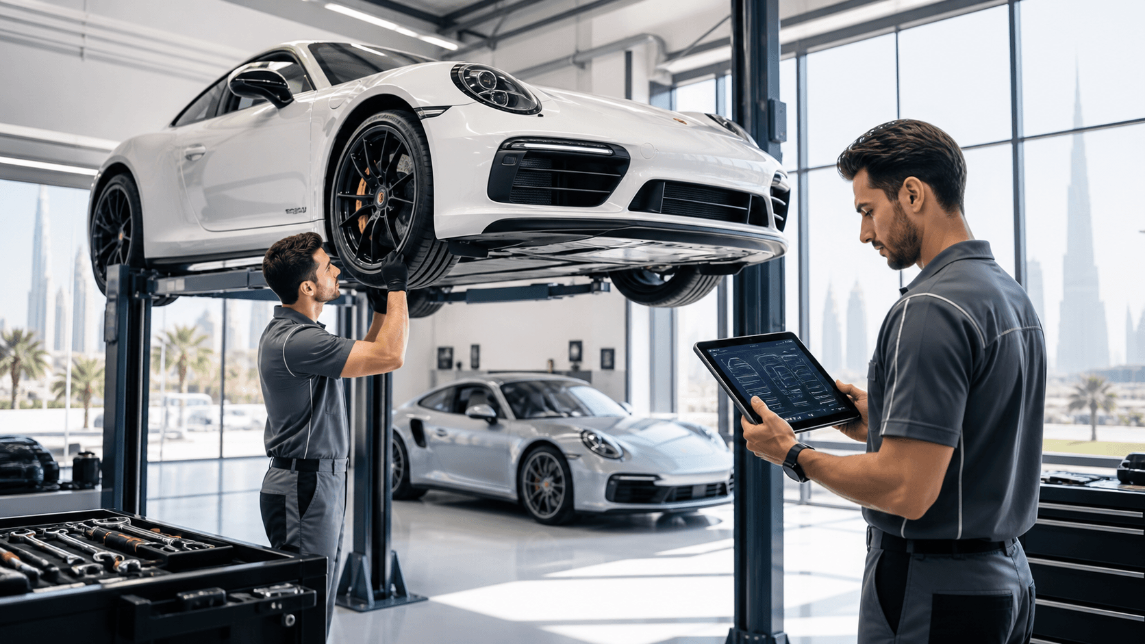 Mechanic in a dark uniform inspects a silver sports car engine under bright workshop lights.