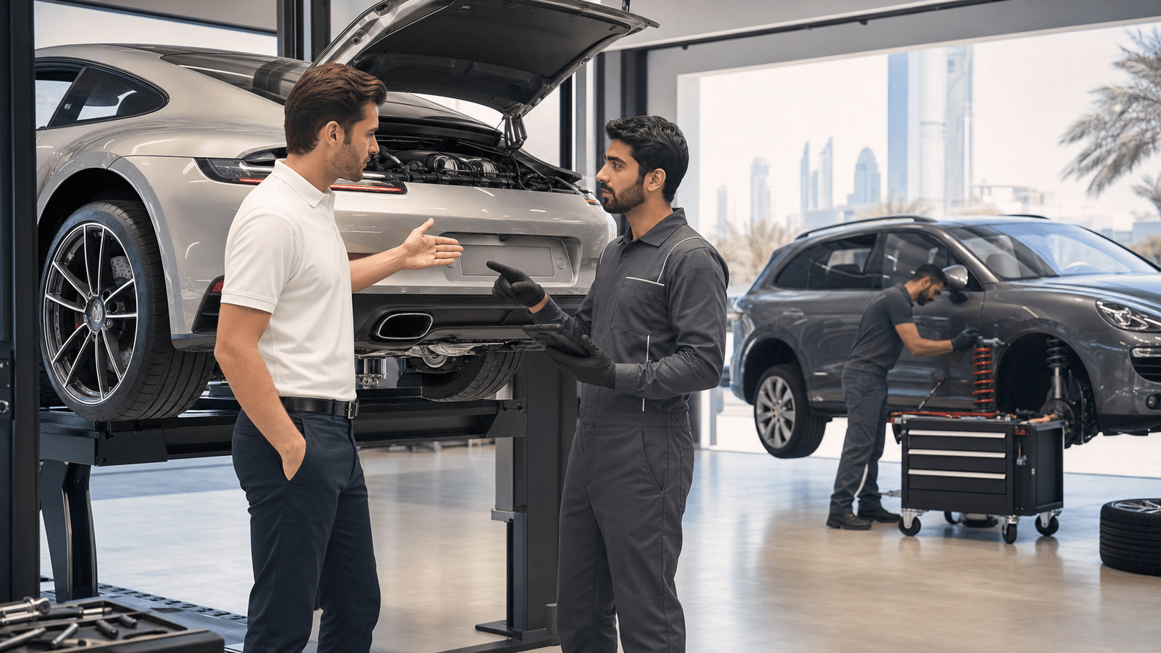 Red Porsche on a lift in a bright garage, mechanic with clipboard inspecting the front wheel under spring sunlight