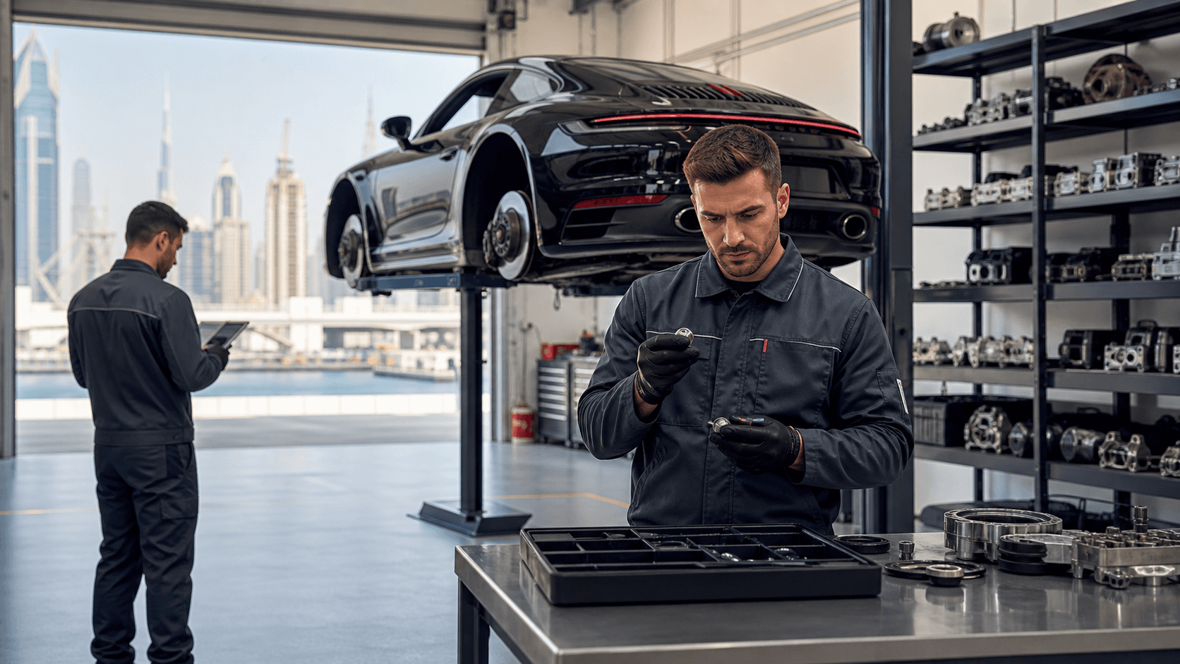 Mechanic in a dim auto workshop examines Porsche engine parts beside a silver sports car.