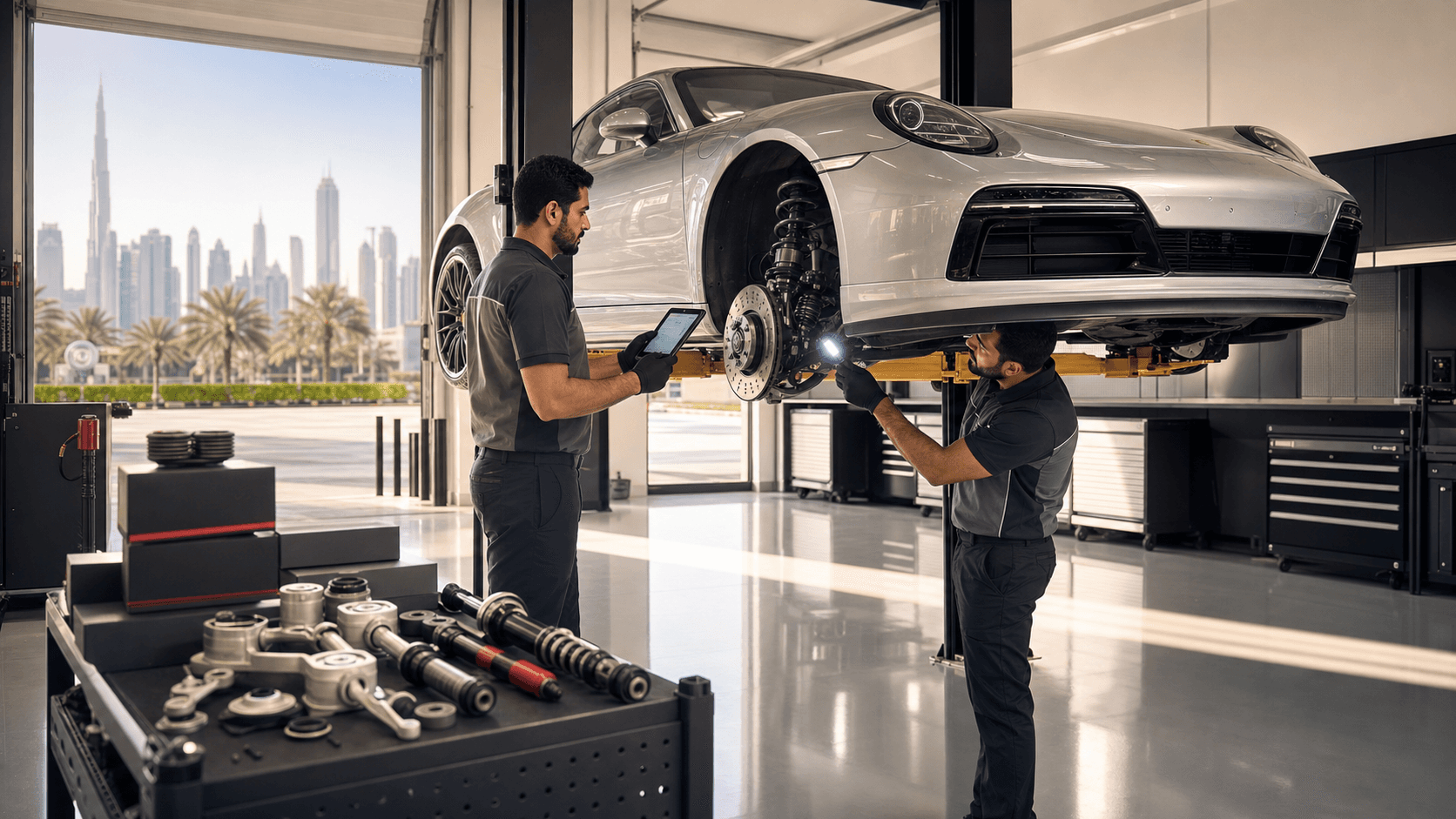 Red sports car on a workshop lift with exposed suspension, mechanic tools nearby, sunlight streaming through open garage door